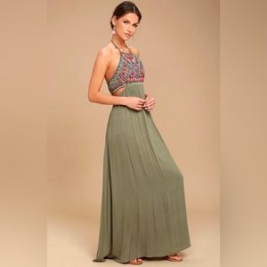 Lulus Little Beach Olive Green Embroidered Maxi Dress